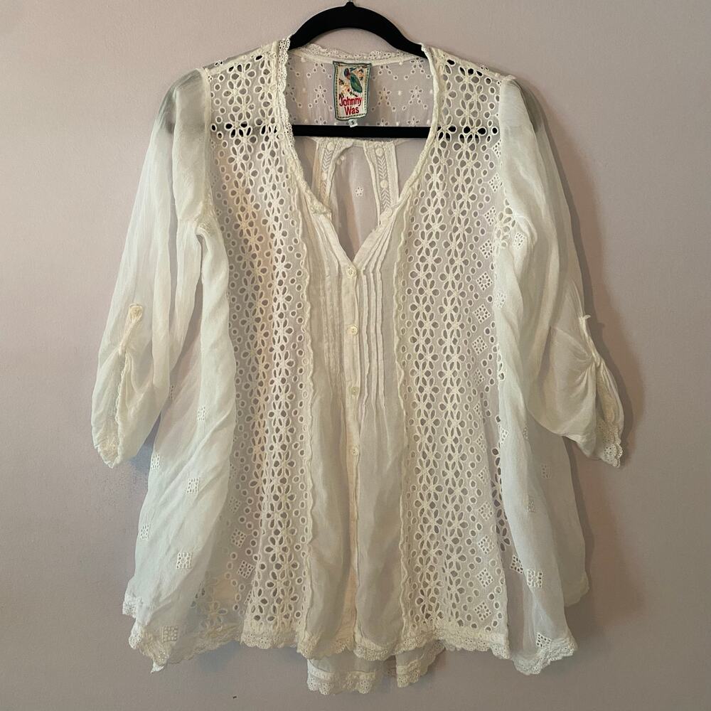 Johnny Was White Eyelet Floral 3/4 Button Down Blouse Boho Cottagecore Small